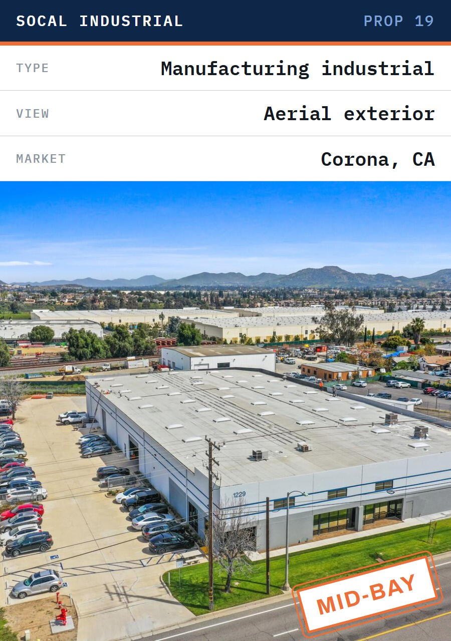 Aerial of a mid-bay manufacturing industrial building in Corona, California, with parking and an industrial park beyond, commercial property subject to Prop 19 reassessment